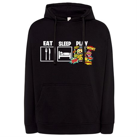 Sudadera para gamers viciados de los videojuegos de lucha y shooters con frase Eat Sleep Play