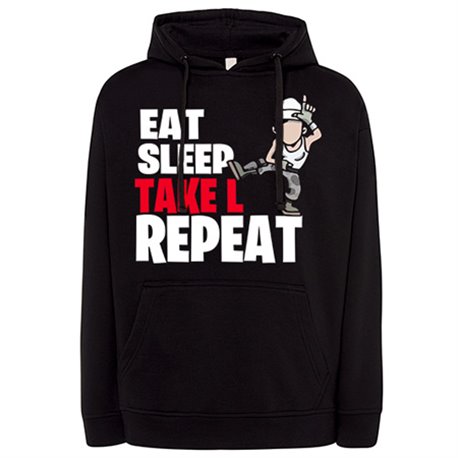 Sudadera parodia pose baile gamer frase eat sleep Take L repeat