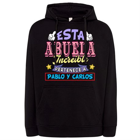 Sudadera personalizable con nombre ejemplo Esta abuela increíble pertenece a Pablo y Carlos