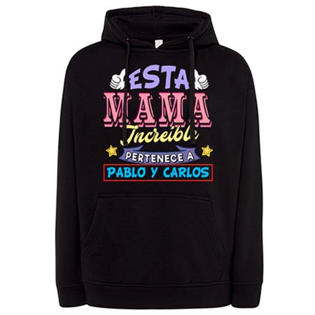Sudadera personalizable con nombre ejemplo Esta mamá increíble pertenece a Pablo y Carlos