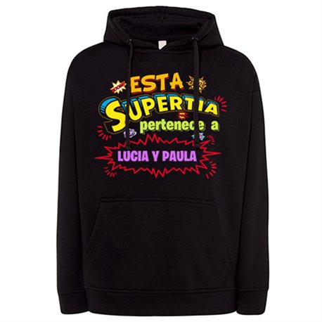 Sudadera personalizable con nombre ejemplo Esta Super Tía pertenece a Juan y Susana