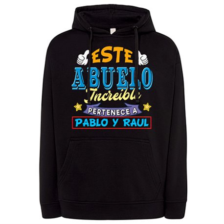Sudadera personalizable con nombre ejemplo Este abuelo increíble pertenece a Pablo y Carlos