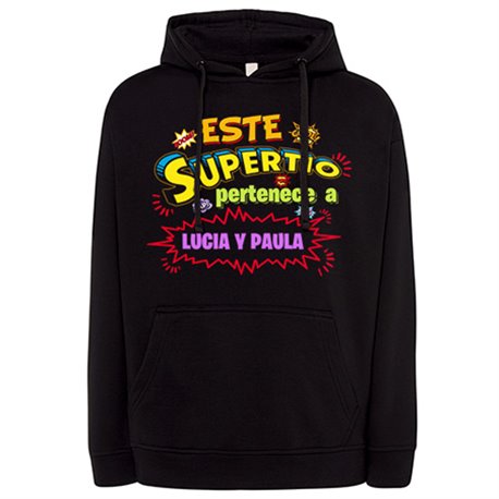 Sudadera personalizable con nombre ejemplo Este Super Tío pertenece a Juan y Susana