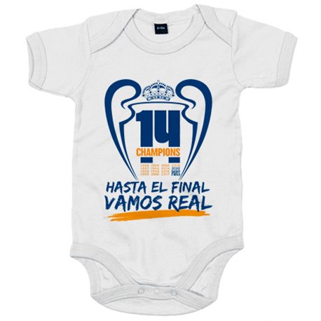 Body bebé 14 champions hasta el final vamos real para aficionado del fútbol de Madrid