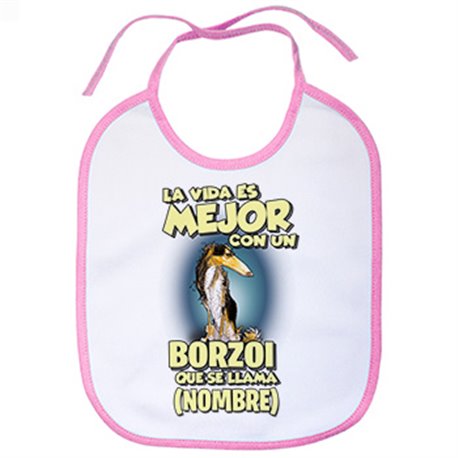 Babero la vida es mejor con un perro raza Borzoi blanco y negro que se llama personalizable con nombre