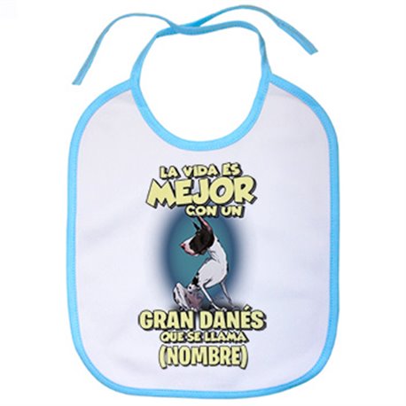 Babero la vida es mejor con un perro raza Gran Danés Arlequín que se llama personalizable con nombre