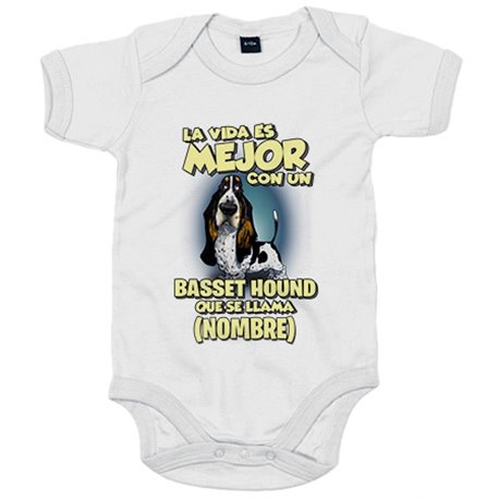 Body bebé la vida es mejor con un perro raza Basset Hound blanco y negro que se llama personalizable con nombre