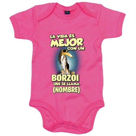 Body bebé la vida es mejor con un perro raza Borzoi blanco y negro que se llama personalizable con nombre