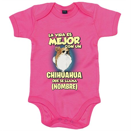 Body bebé la vida es mejor con un perro raza Chihuahua pelo largo que se llama personalizable con nombre