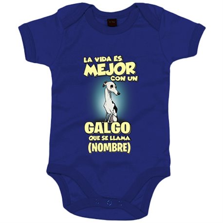 Body bebé la vida es mejor con un perro raza Galgo blanco y negro que se llama personalizable con nombre