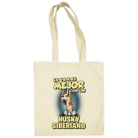 Bolsa de tela la vida es mejor con un perro de raza Husky Siberiano blanco y marrón