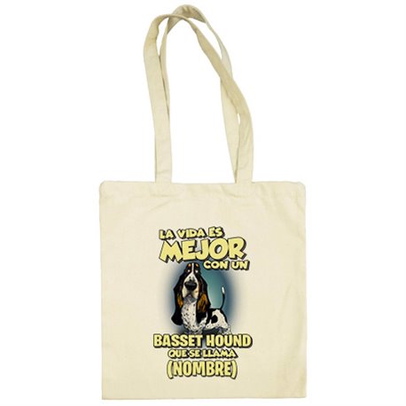 Bolsa de tela la vida es mejor con un perro raza Basset Hound blanco y negro que se llama personalizable con nombre