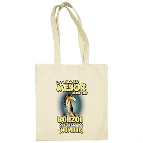 Bolsa de tela la vida es mejor con un perro raza Borzoi blanco y negro que se llama personalizable con nombre