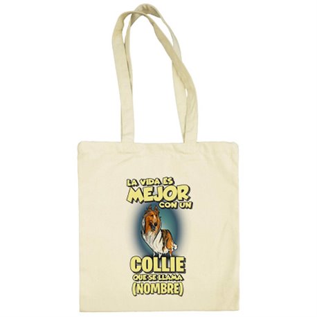 Bolsa de tela la vida es mejor con un perro raza Collie blanco y marrón que se llama personalizable con nombre