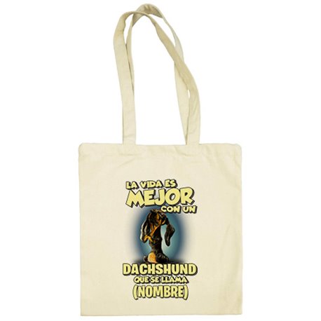 Bolsa de tela la vida es mejor con un perro raza Dachshund negro que se llama personalizable con nombre