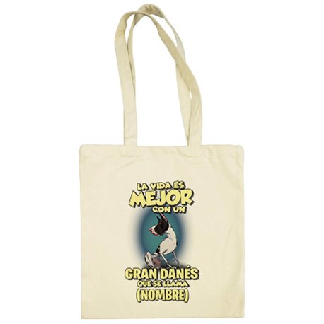 Bolsa de tela la vida es mejor con un perro raza Gran Danés Arlequín que se llama personalizable con nombre