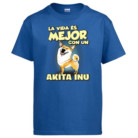 Camiseta la vida es mejor con un perro de raza Akita Inu blanco y marrón