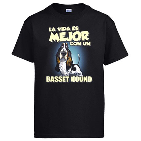 Camiseta la vida es mejor con un perro de raza Basset Hound blanco y negro