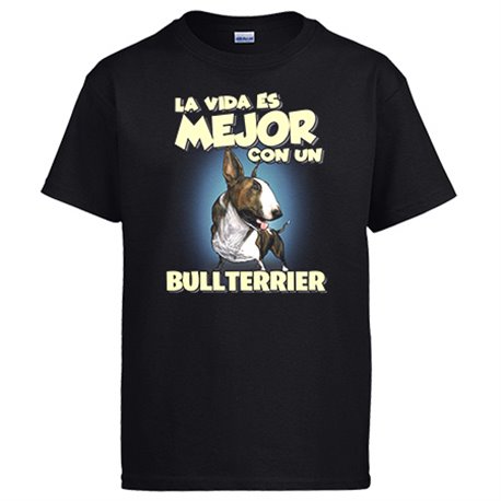 Camiseta la vida es mejor con un perro de raza Bullterrier atigrado
