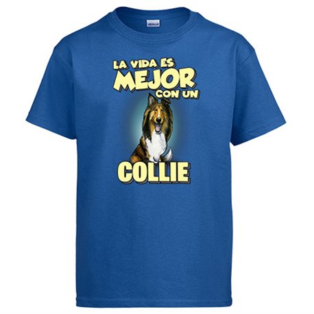Camiseta la vida es mejor con un perro de raza Collie blanco y marrón