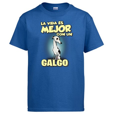 Camiseta la vida es mejor con un perro de raza Galgo blanco y negro