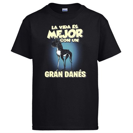 Camiseta la vida es mejor con un perro de raza Gran Danés negro