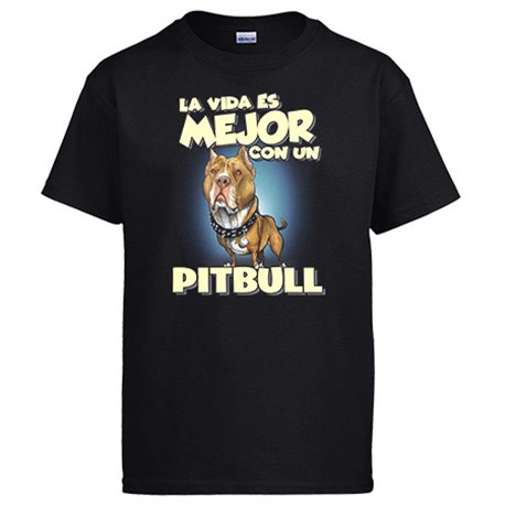 Camiseta la vida es mejor con un perro de raza Pitbull canela