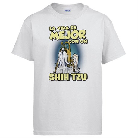 Camiseta la vida es mejor con un perro de raza Shih Ttu blanco y marrón