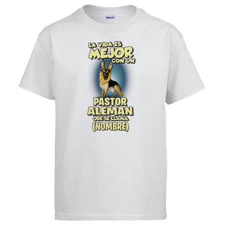 Camiseta la vida es mejor con un perro mascota Pastor Alemán marrón y negro que se llama personalizable con nombre