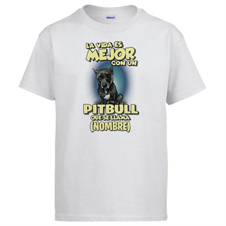 Camiseta la vida es mejor con un perro mascota Pitbull negro que se llama personalizable con nombre