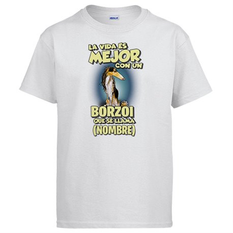 Camiseta la vida es mejor con un perro raza Borzoi blanco y negro que se llama personalizable con nombre