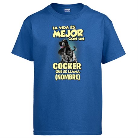 Camiseta la vida es mejor con un perro raza Cocker blanco y negro que se llama personalizable con nombre