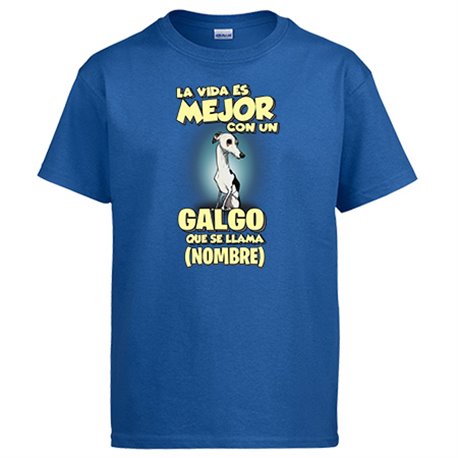 Camiseta la vida es mejor con un perro raza Galgo blanco y negro que se llama personalizable con nombre