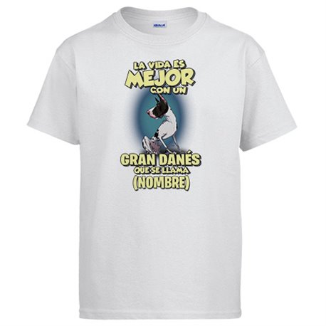 Camiseta la vida es mejor con un perro raza Gran Danés Arlequín que se llama personalizable con nombre