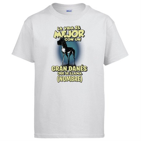 Camiseta la vida es mejor con un perro raza Gran Danés negro que se llama personalizable con nombre
