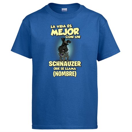 Camiseta la vida es mejor con un perro raza Schnauzer negro que se llama personalizable con nombre