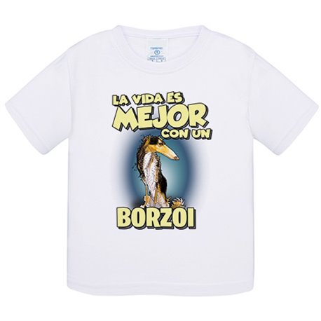 Camiseta bebé la vida es mejor con un perro de raza Borzoi blanco y negro