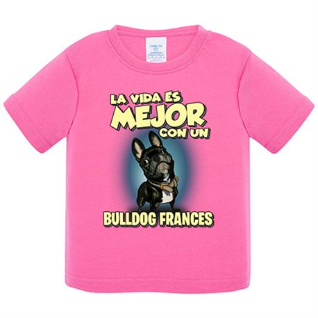 Camiseta bebé la vida es mejor con un perro de raza Bullodg francés negro