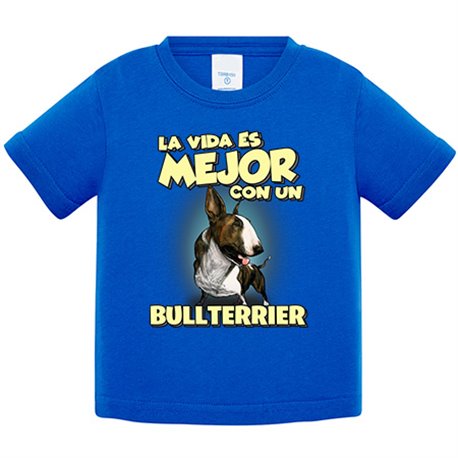 Camiseta bebé la vida es mejor con un perro de raza Bullterrier atigrado