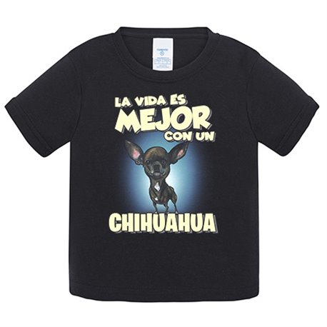 Camiseta bebé la vida es mejor con un perro de raza Chihuahua negro