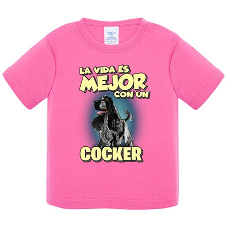 Camiseta bebé la vida es mejor con un perro de raza Cocker blanco y negro