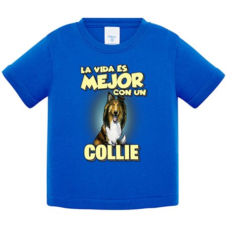 Camiseta bebé la vida es mejor con un perro de raza Collie blanco y marrón