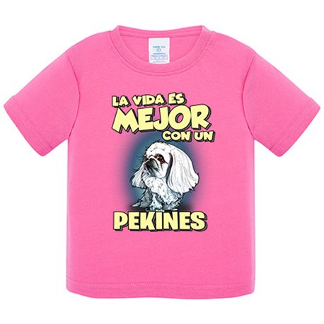 Camiseta bebé la vida es mejor con un perro de raza Pekinés blanco