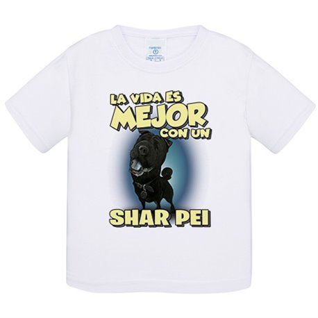 Camiseta bebé la vida es mejor con un perro de raza Shar Pei negro