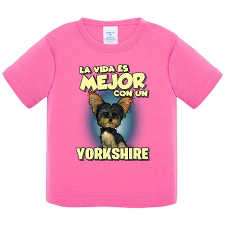 Camiseta bebé la vida es mejor con un perro de raza Yorkshire