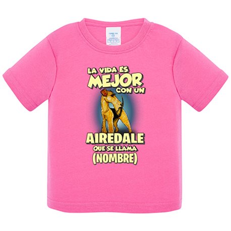 Camiseta bebé la vida es mejor con un perro mascota Airedale que se llama personalizable con nombre