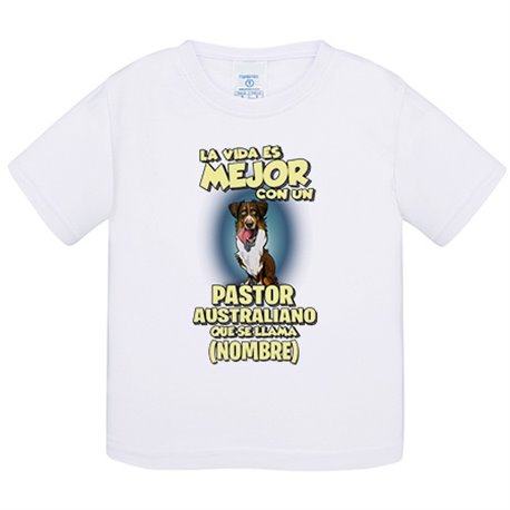 Camiseta bebé la vida es mejor con un perro mascota Pastor Australiano que se llama personalizable con nombre