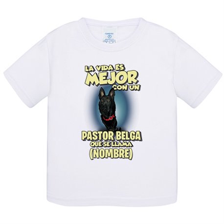 Camiseta bebé la vida es mejor con un perro mascota Pastor Belga que se llama personalizable con nombre