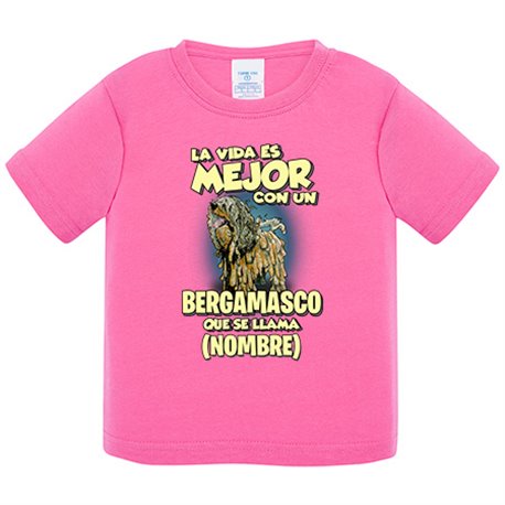 Camiseta bebé la vida es mejor con un perro raza Bergamasco que se llama personalizable con nombre