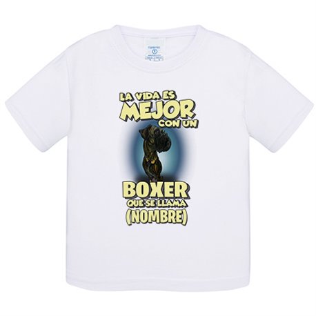 Camiseta bebé la vida es mejor con un perro raza Boxer negro que se llama personalizable con nombre